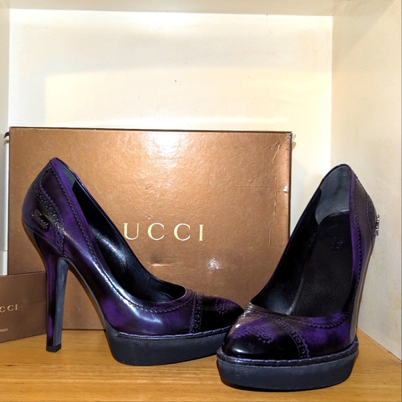 Gucci Purple Brogue Leather Cap Toe Platform Pumps - Picture 1 of 11